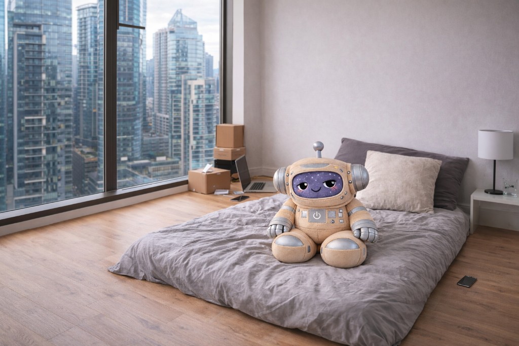 Orbo on a minimalist bed with floor-to-ceiling city skyline
